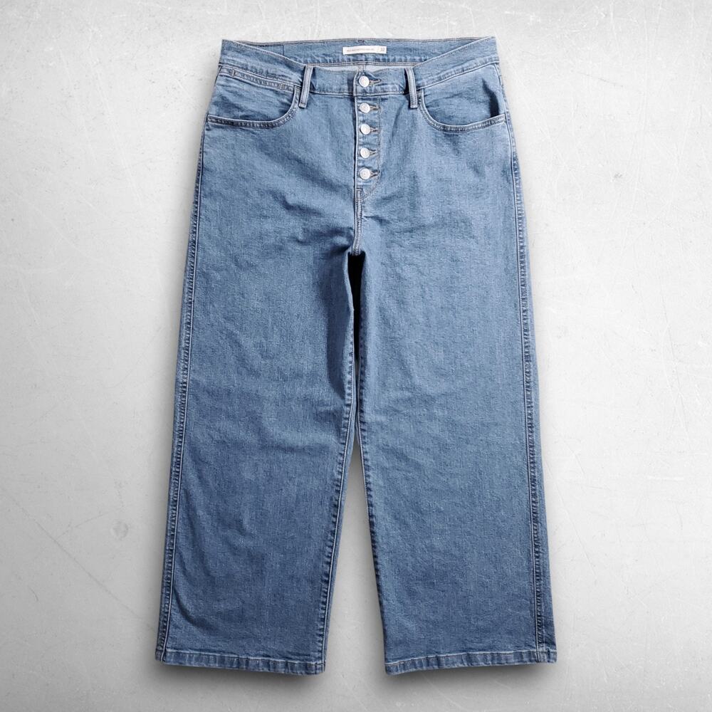 Levis Mile High Cropped Wide Leg Jeans Women 32 Blue Stretch Exposed Button Fly